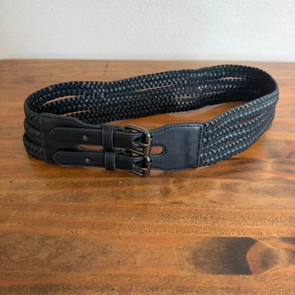 BCBGMAXAZRIA Black Wide Braided Double Buckle Belt - Small